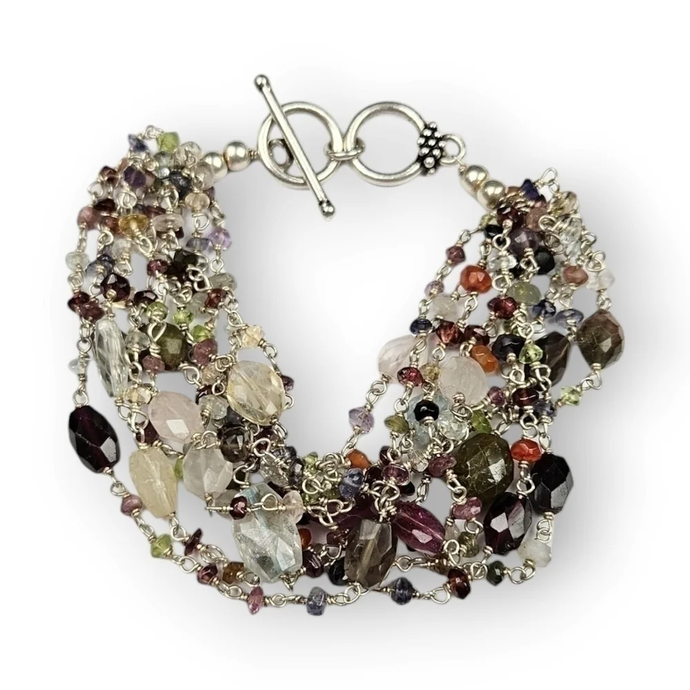 Assorted Gemstone Multi Chain Bracelet Colorful Bead Silver Plated 7.5